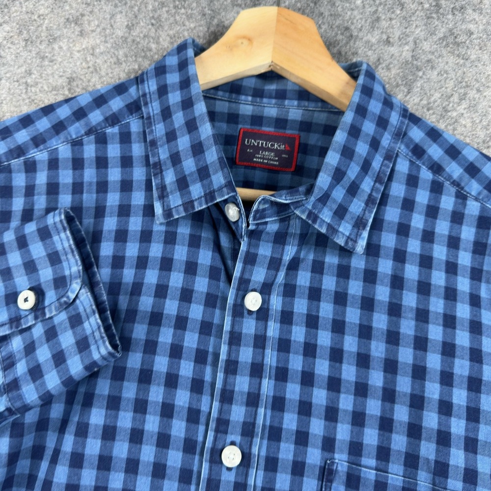 UNTUCKit Shirt Mens Large Blue Check 100% Cotton Long Sleeve Button Front Casual